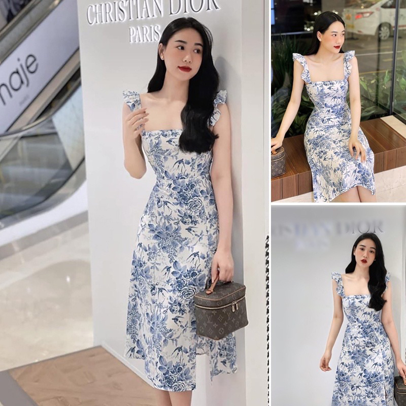 Váy hai dây cánh tiên hoạ tiết hoa xanh Zara
