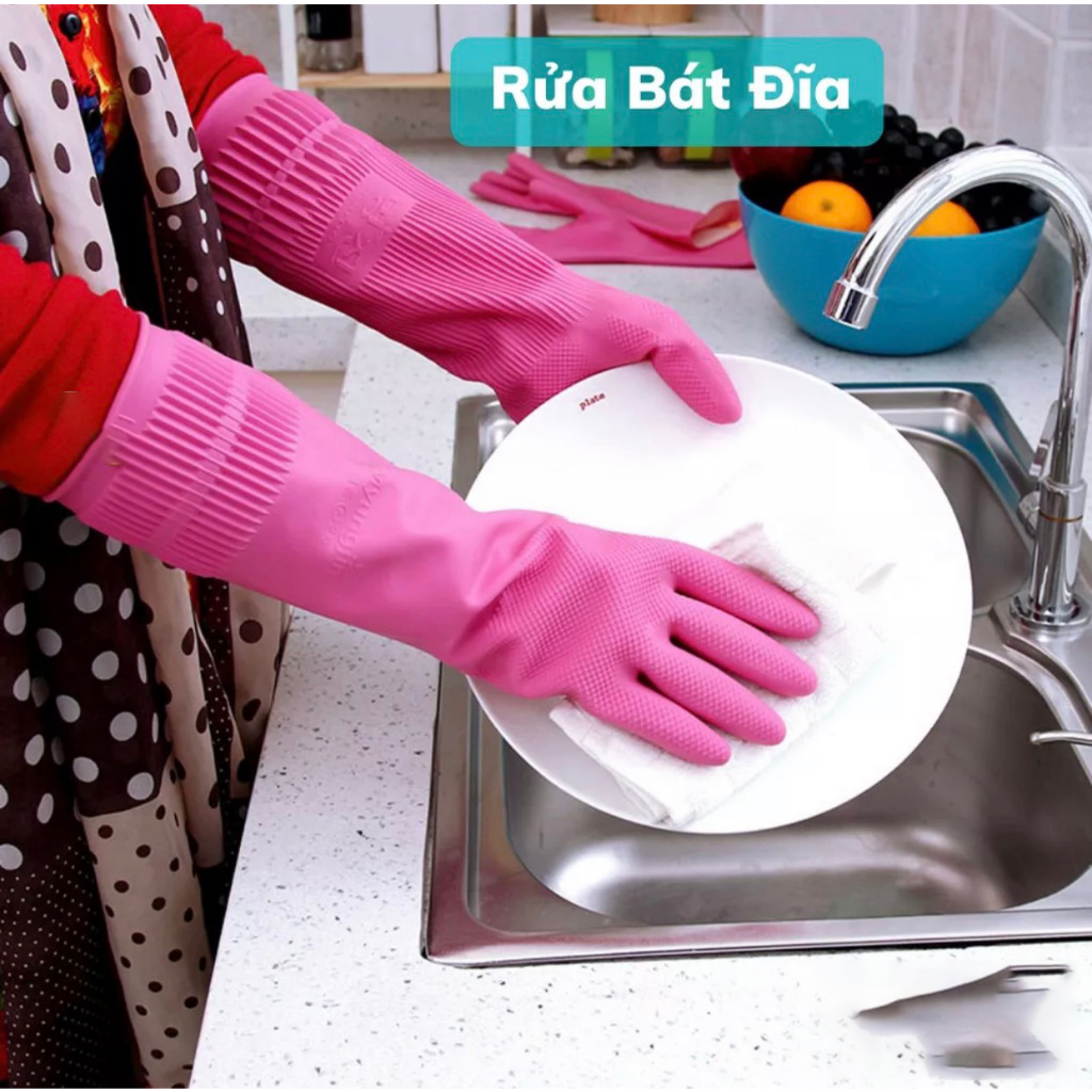Găng tay cao su siêu dai gia dụng VH 38cm, thiên nhiên, an toàn cho da, đường vân, gai nhỏ chống trơn dieulinhshop