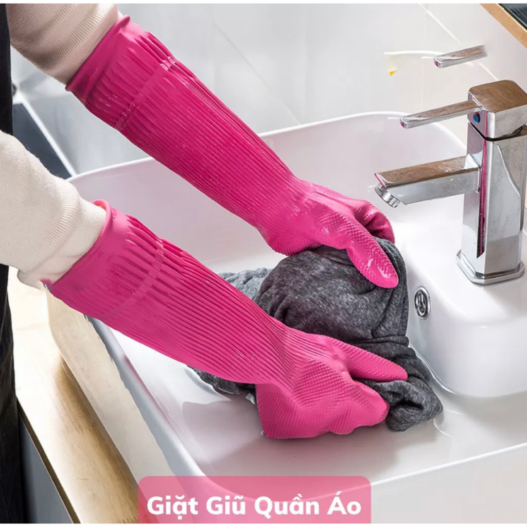 Găng tay cao su siêu dai gia dụng VH 38cm, thiên nhiên, an toàn cho da, đường vân, gai nhỏ chống trơn dieulinhshop