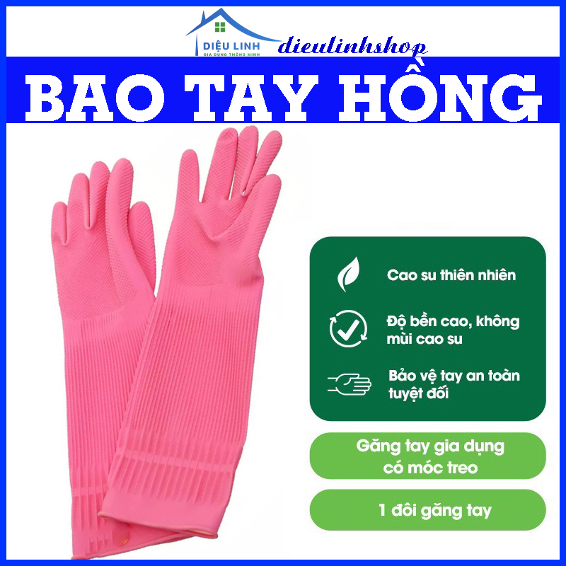 Găng tay cao su siêu dai gia dụng VH 38cm, thiên nhiên, an toàn cho da, đường vân, gai nhỏ chống trơn dieulinhshop