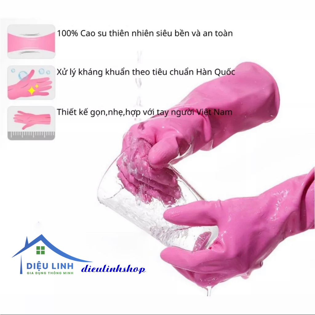 Găng tay cao su siêu dai gia dụng VH 38cm, thiên nhiên, an toàn cho da, đường vân, gai nhỏ chống trơn dieulinhshop
