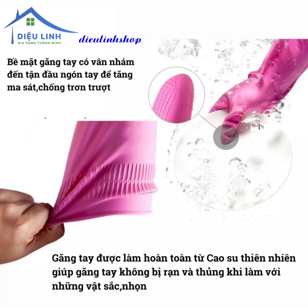Găng tay cao su siêu dai gia dụng VH 38cm, thiên nhiên, an toàn cho da, đường vân, gai nhỏ chống trơn dieulinhshop