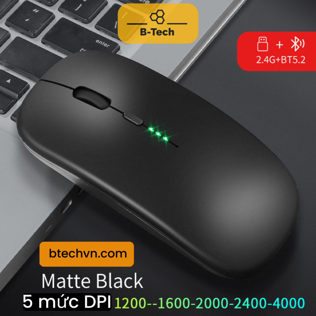 Chuột không dây bluetooth pin sạc, có đèn báo pin, nút êm không tiếng động W330 cho laptop, pc, macbook.., BTech TPHCM