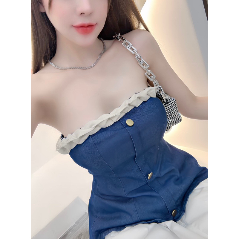 Set áo cup denim chân váy tầng dài