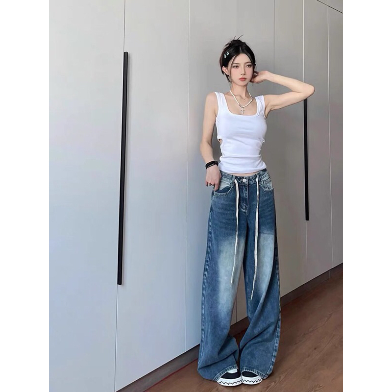 Varvet Quần Jeans Loang Rút Dây Form Rộng Cá Tính Retro