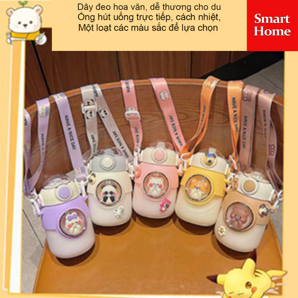 Bình nước giữ nhiệt 820ML họa tiết cute, cốc giữ nhiệt cao cấp có dây đeo tặng kèm sticker 2D,3D