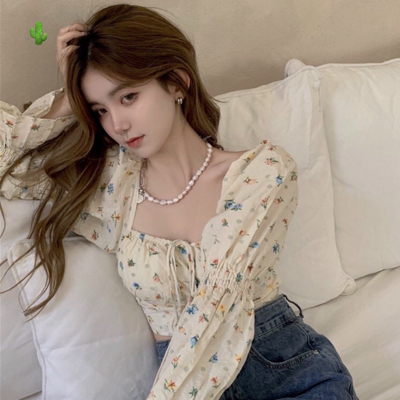 Áo bẹt vai  hoa nhí tay dài phồng cột nơ ngực - A3P