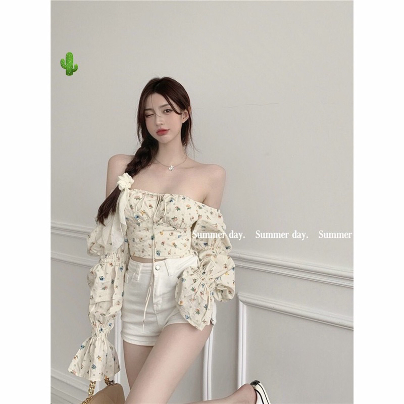 Áo bẹt vai  hoa nhí tay dài phồng cột nơ ngực - A3P