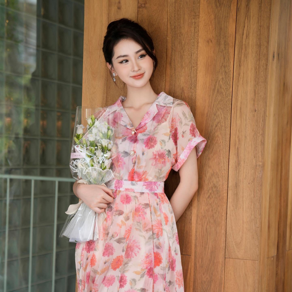 Váy đầm thiết kế, váy tơ hoa cổ vest, đi làm đi chơi_V73