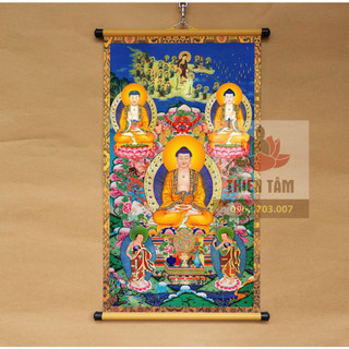 Tranh Tam Thế Phật 40x70cm chất liệu vải phủ bóng cao cấp dày dặn