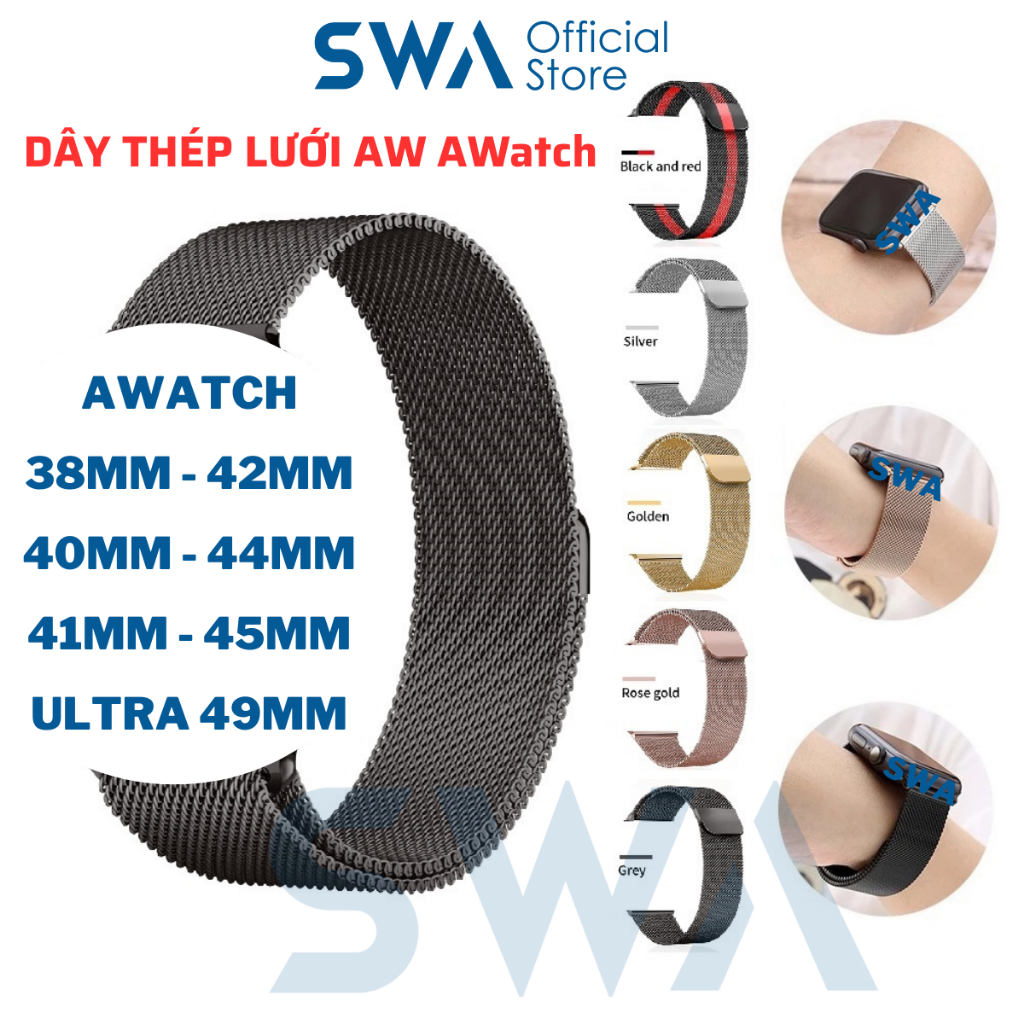 Dây thép lưới milan đồng hồ thông minh AW Ultra 38mm 40mm 41mm 42mm 44mm 45mm H11 H12 Hello Watch SWA DAW04