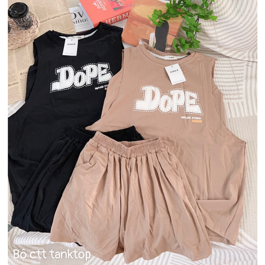 Set Bộ Đùi Cộc Tay Dáng Rộng Tanktop Nam Nữ Sát Nách Uniex In Chữ Dope - Bộ Đùi 3 Lỗ  Bigsize
