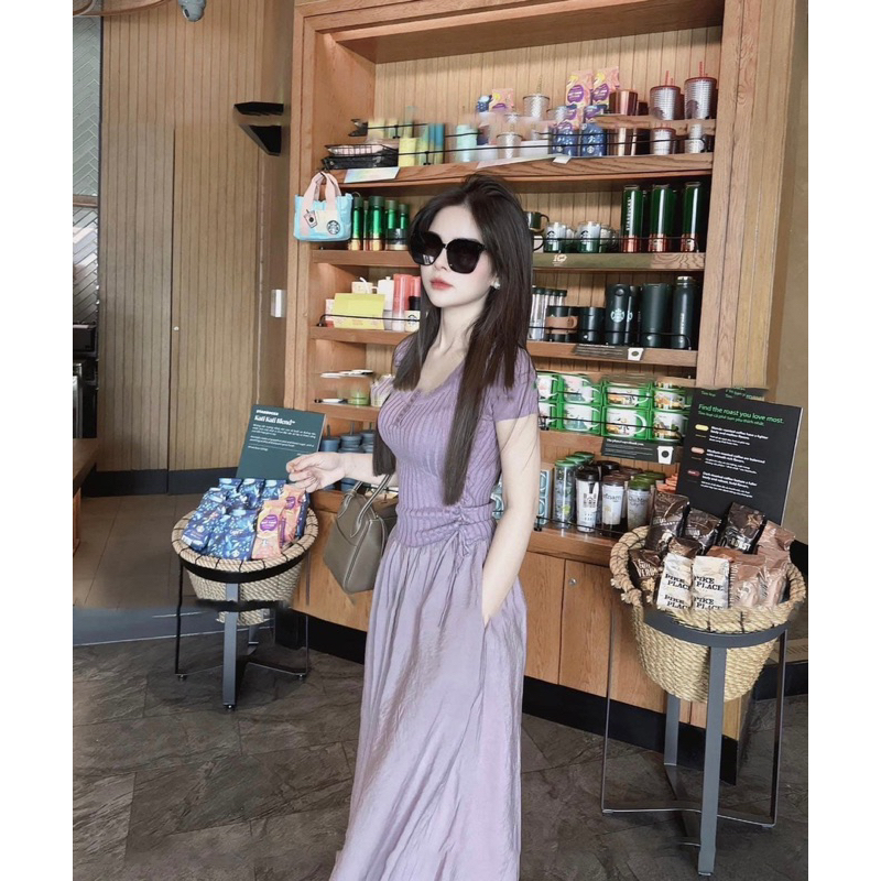 Set bộ tím quần li ống suông rộng mix áo rút bên cho nữ