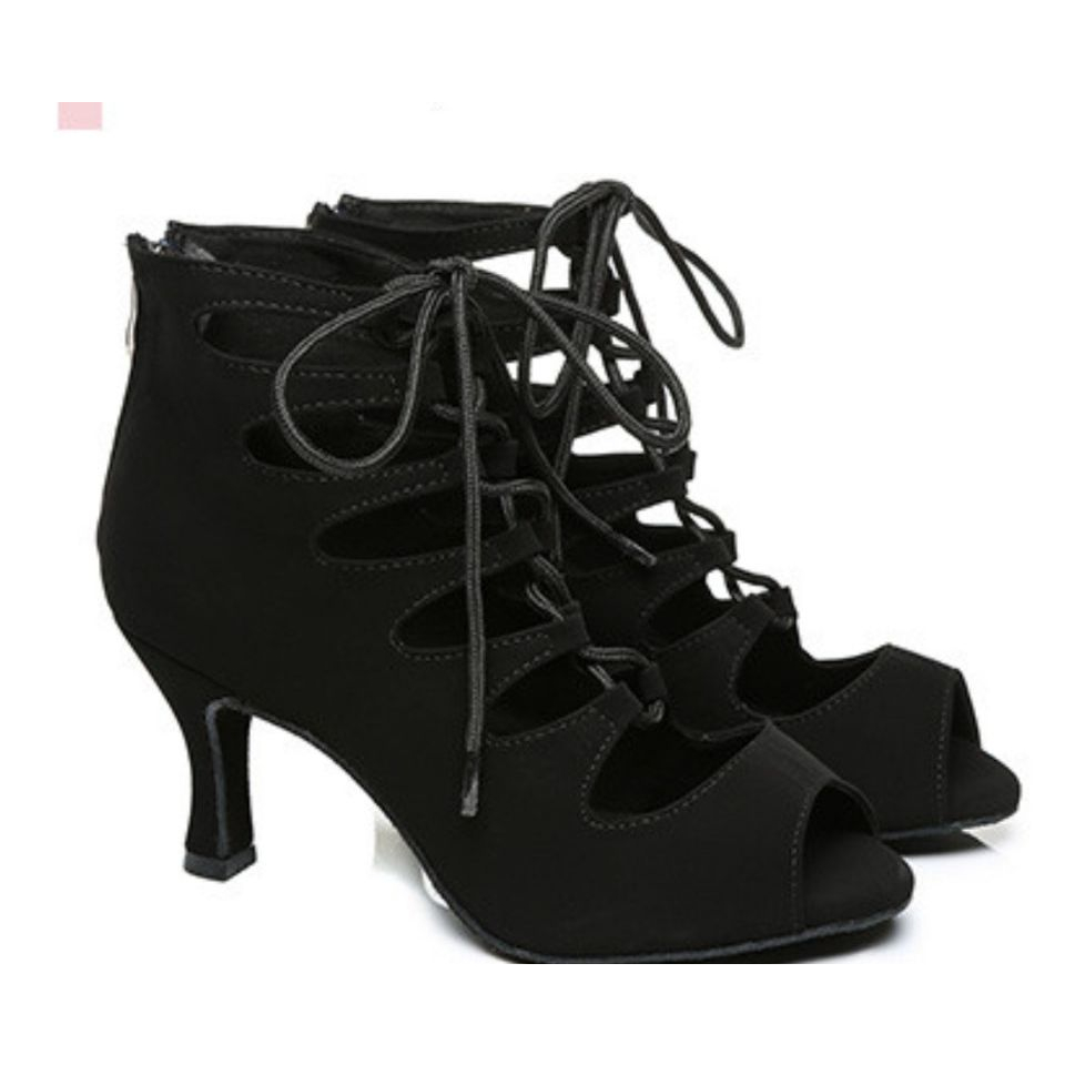 Giày boots khiêu vũ latin cột dây cao cấp-đế da mềm-màu đen