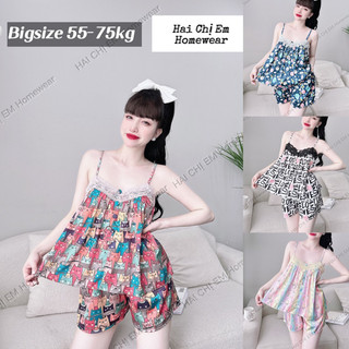 Bigsize 55 75 kg bộ ngủ bộ mặc nhà lụa latin phối ren hai dây mát mịn - 2ce hai chị em homewear