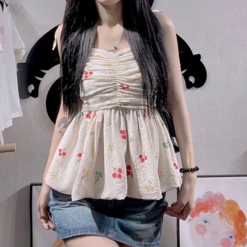 Áo 2 dây hoa xoè phồng nhíu ngực nhún sau lưng  - B5P