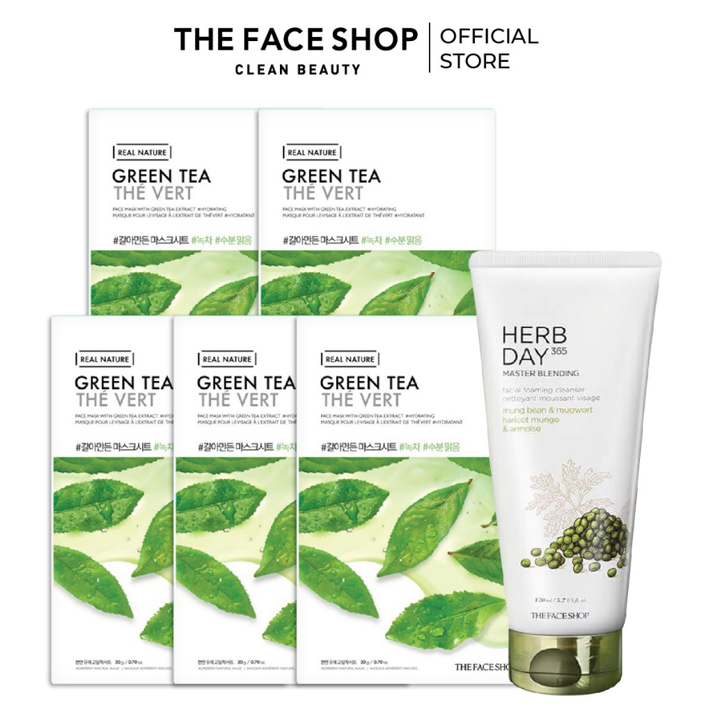 Combo Sữa Rửa Mặt THE FACE SHOP Herb Day 365 Mung Bean & Mugwort 170ml & Mặt Nạ Green Tea Face Mask 20g