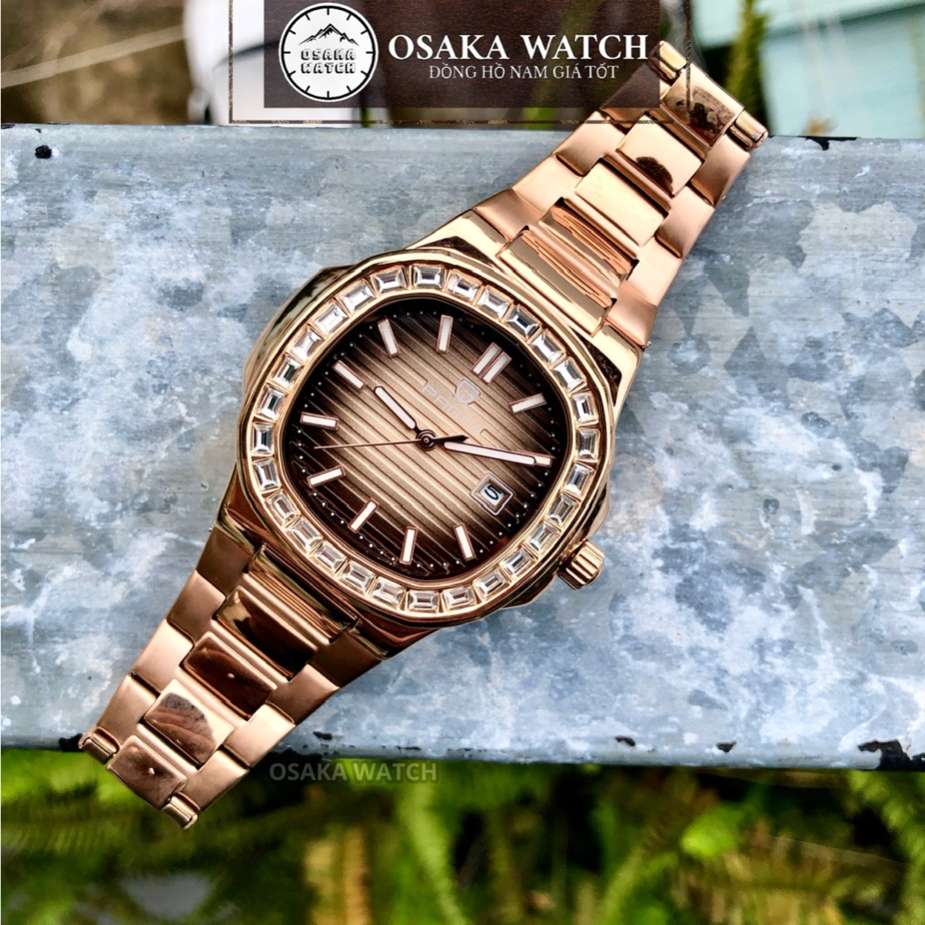 Đồng Hồ Nam Pagini Nautilus PA9979 Viền Đá Mặt Vuông Dây Thép Không Gỉ Đúc Đặc Fullbox Chính Hãng