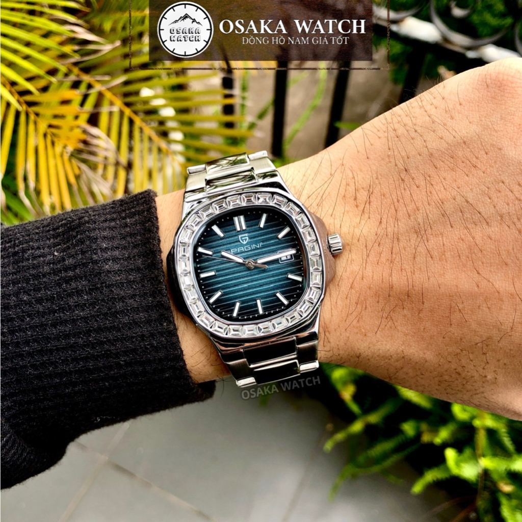 Đồng Hồ Nam Pagini Nautilus PA9979 Viền Đá Mặt Vuông Dây Thép Không Gỉ Đúc Đặc Fullbox Chính Hãng