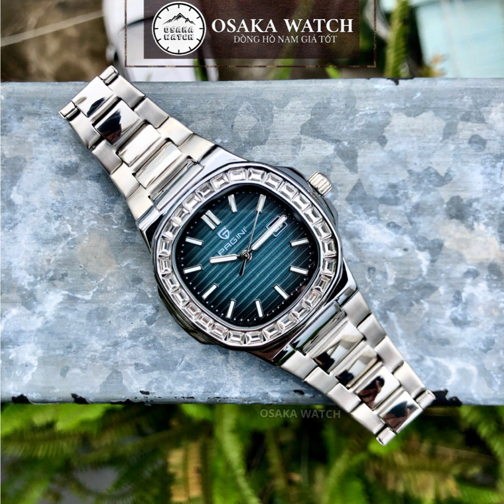 Đồng Hồ Nam Pagini Nautilus PA9979 Viền Đá Mặt Vuông Dây Thép Không Gỉ Đúc Đặc Fullbox Chính Hãng