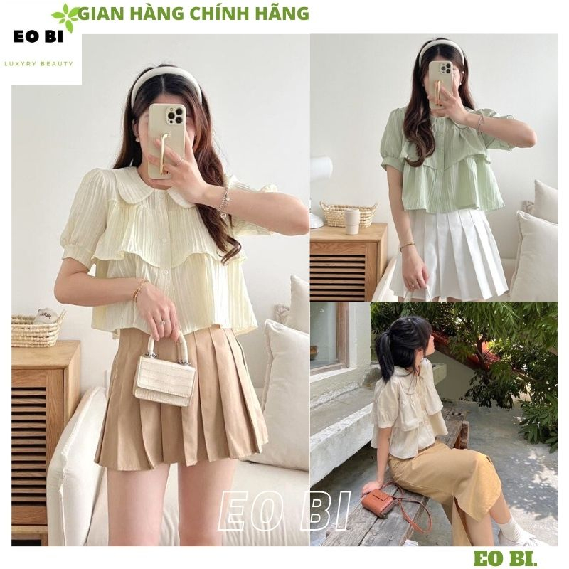 Áo sơ mi nữ cộc tay croptop cổ sen tay bồng nhẹ xếp tầng, Áo kiểu nữ cổ bèo dáng ngắn phong cách hàn quốc - EOBI