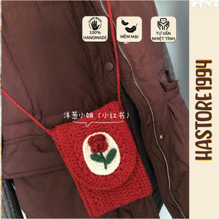 Túi len handmade Túi len đựng điện thoại hoa hồng