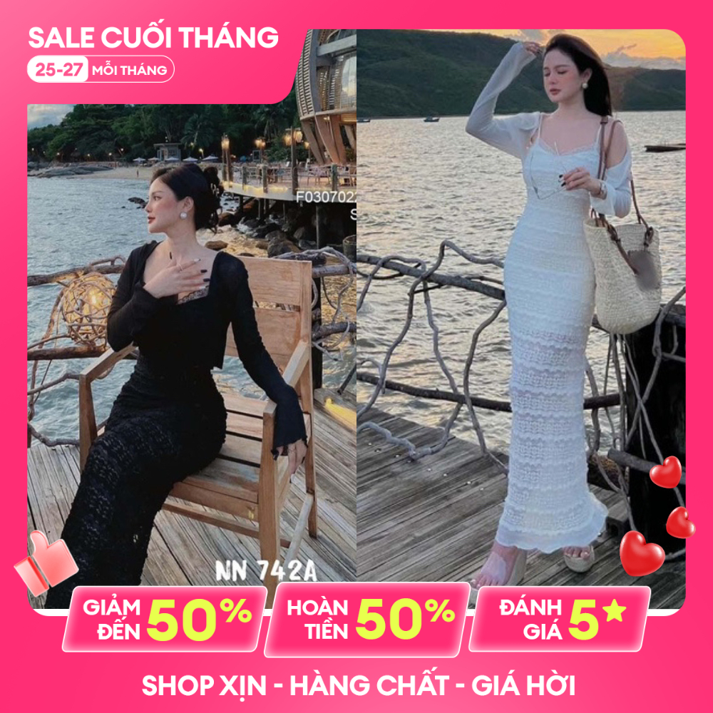 Đầm maxi dáng dài body xòe đuôi cá vải ren hai lớp kèm áo khoác cadigant siêu mát đi dự tiệc đi chơi_SB78