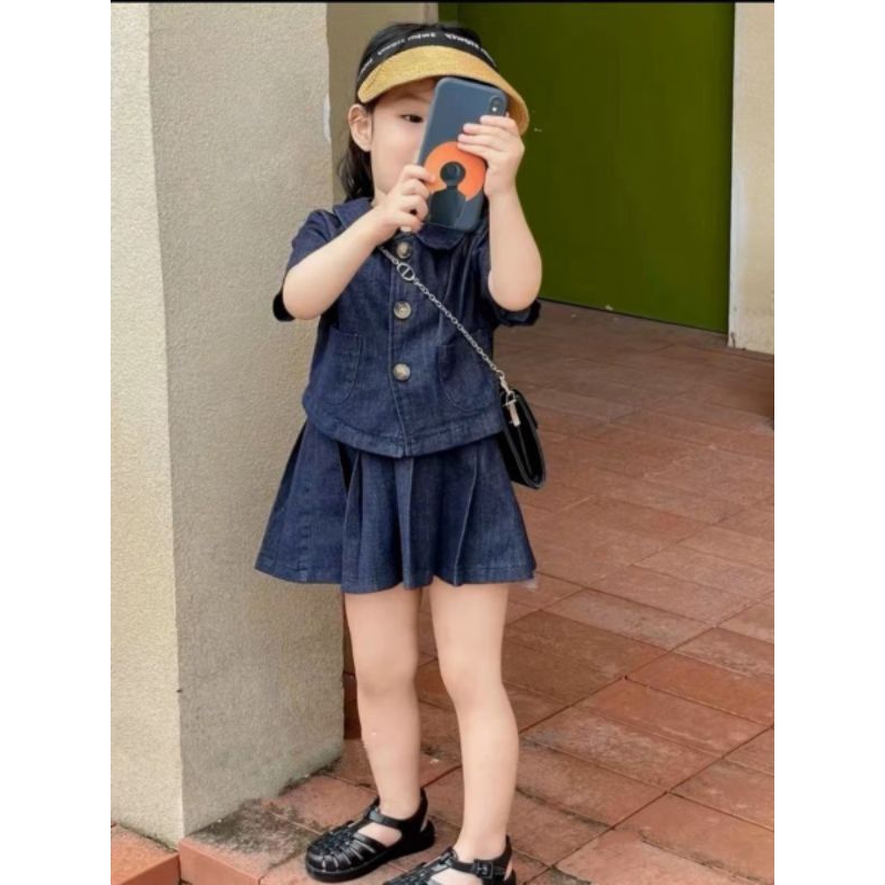 Set  jean áo cổ sen kèm chán váy xếp ly tiểu thư dễ thương bé gái