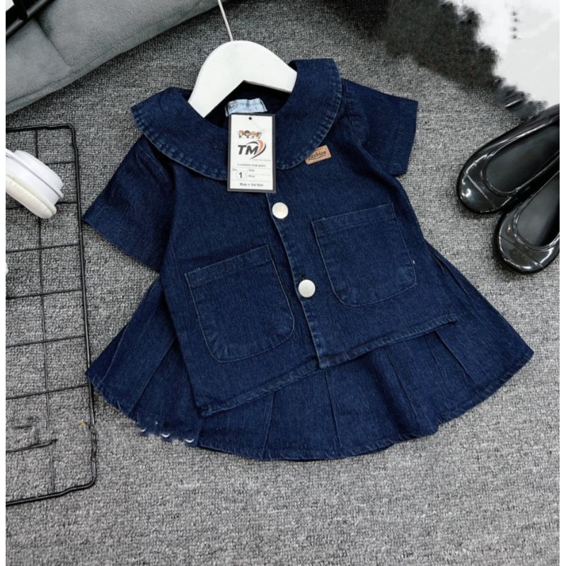 Set  jean áo cổ sen kèm chán váy xếp ly tiểu thư dễ thương bé gái