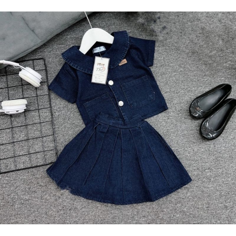 Set  jean áo cổ sen kèm chán váy xếp ly tiểu thư dễ thương bé gái