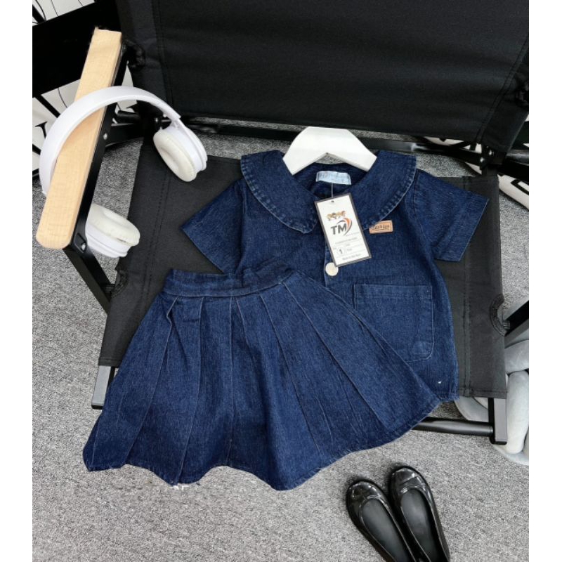 Set  jean áo cổ sen kèm chán váy xếp ly tiểu thư dễ thương bé gái