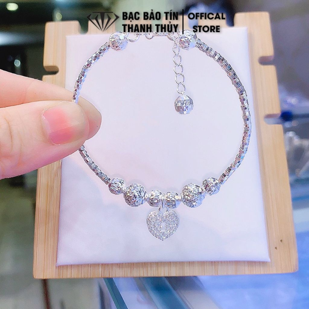Vòng tay bạc nữ, vòng phay bi nối cham khóa tim gắn đá Cz trắng cao cấp Bạc Bảo Tín Thanh Thủy, bạc 950