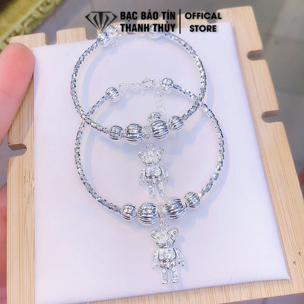 Vòng tay bạc nữ, vòng bạc kiểu bi phay nối cham gấu gắn đá Cz cao cấp Bảo Tín Thanh Thủy, bạc 950, đường kính 4.8-5.5cm