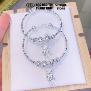 Vòng tay bạc nữ, vòng bạc kiểu bi phay nối cham gấu gắn đá Cz cao cấp Bảo Tín Thanh Thủy, bạc 950, đường kính 4.8-5.5cm