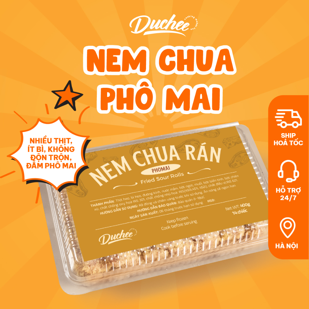 [FREESHIP] Nem Chua Rán Duchee, Nhân Phô Mai Mozzarella, Hộp 14 Chiếc, Nhiều Thịt, Vỏ Mỏng Giòn