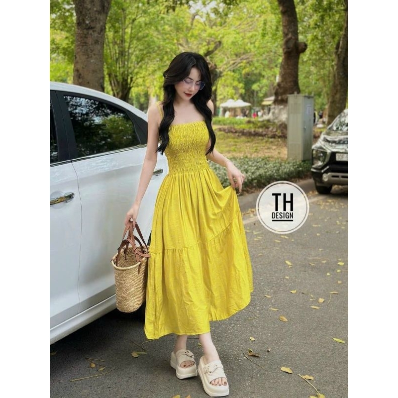 Đầm maxi 2 dây chun nhún