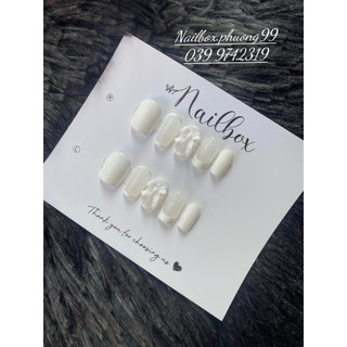Nailbox- 10 móng tay giả thiết kế màu trắng có đính nơ trắng đủ size