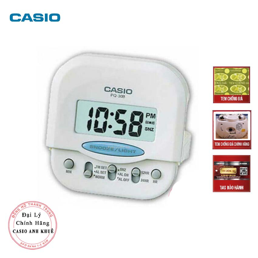 Đồng hồ báo thức du lịch - để bàn điện tử Casio PQ-30B-7DF màu trắng 6X6cm