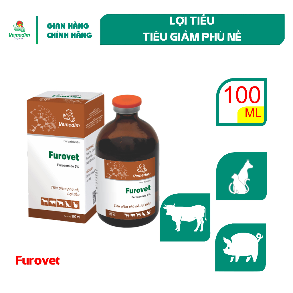 Vemedim Furovet dùng cho chó, mèo và gia súc giảm phù nề, lợi tiểu, chai tiêm 100ml