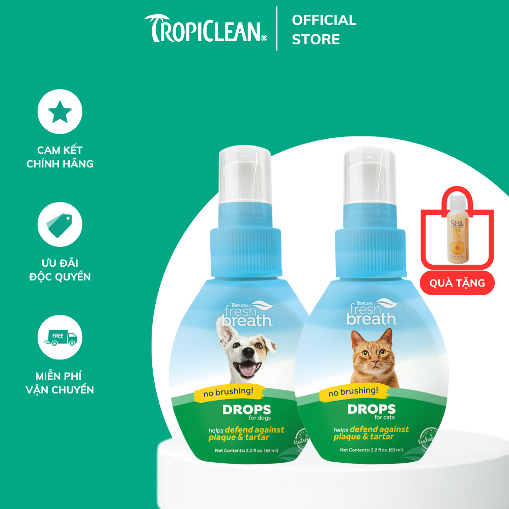 Nước uống vệ sinh răng miệng đậm đặc cho Chó Mèo Tropiclean Fresh Breath Drops 65ml