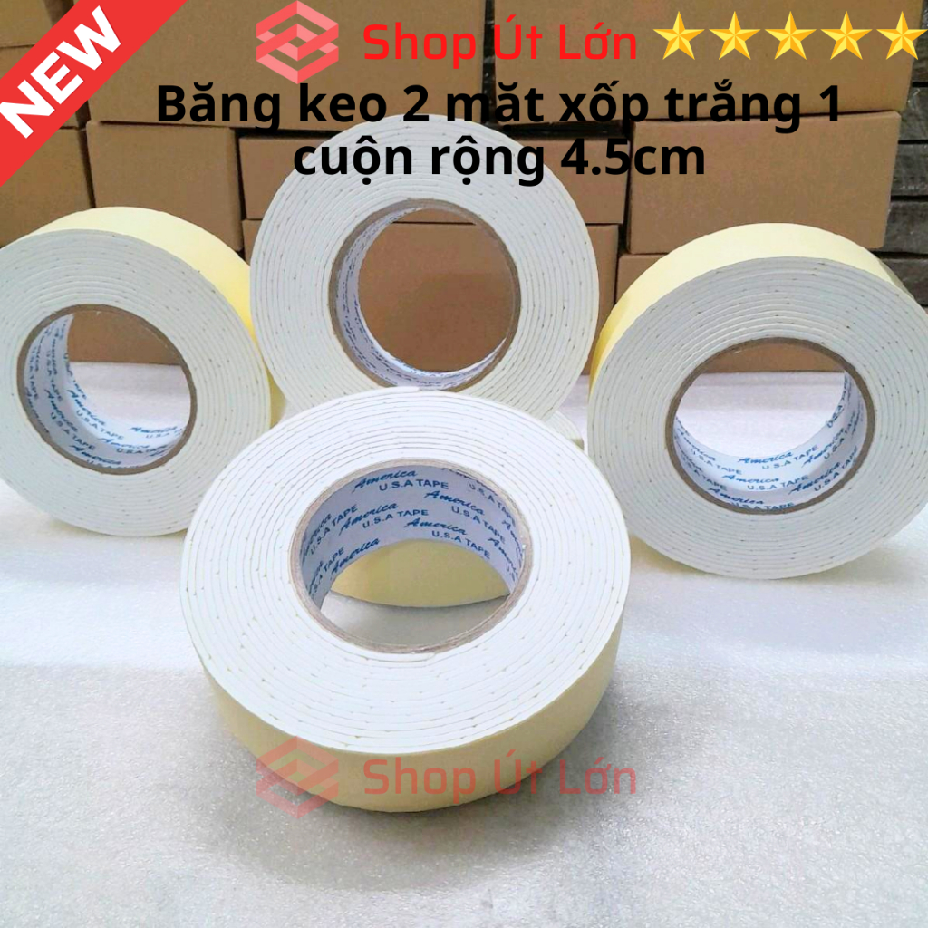 1 Cuộn băng keo 2 mặt xốp trắng, rộng 2.4cm - rộng 4.5 cm, dầy 3mm, dài 6 mét, lõi giấy 3mm.
