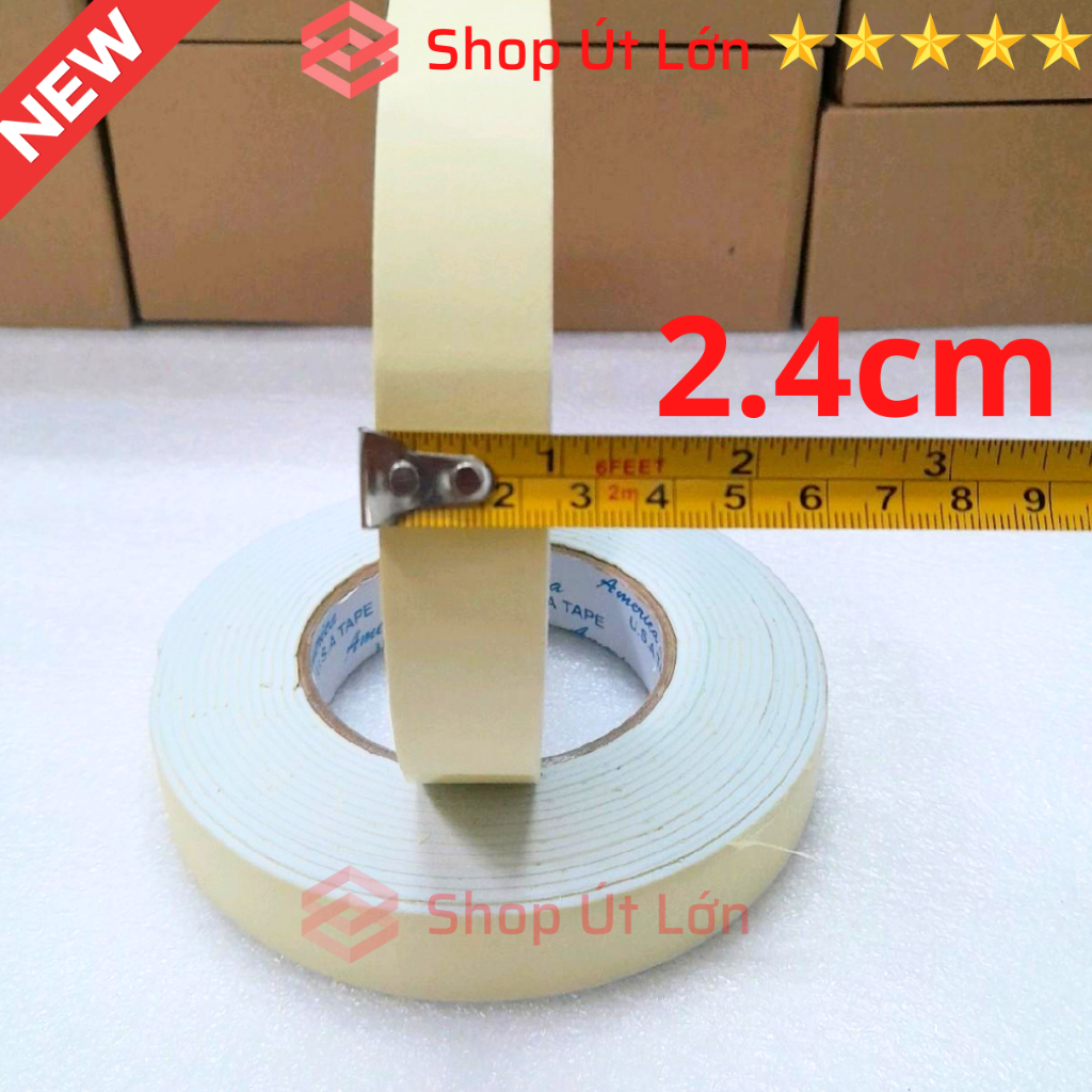 1 Cuộn băng keo 2 mặt xốp trắng, rộng 2.4cm - rộng 4.5 cm, dầy 3mm, dài 6 mét, lõi giấy 3mm.