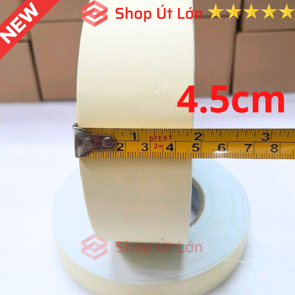 1 Cuộn băng keo 2 mặt xốp trắng, rộng 2.4cm - rộng 4.5 cm, dầy 3mm, dài 6 mét, lõi giấy 3mm.