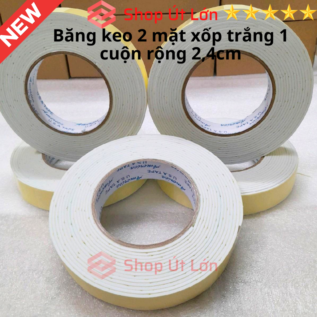 1 Cuộn băng keo 2 mặt xốp trắng, rộng 2.4cm - rộng 4.5 cm, dầy 3mm, dài 6 mét, lõi giấy 3mm.