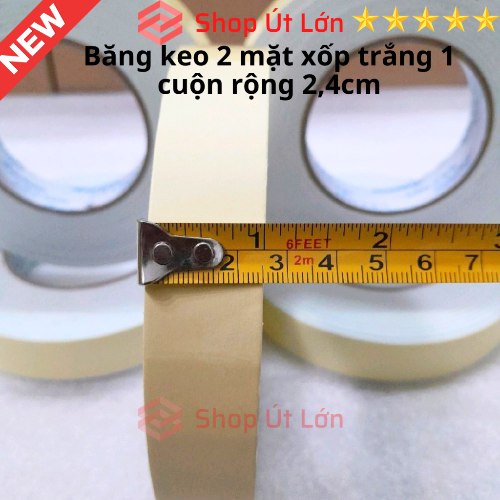 1 Cuộn băng keo 2 mặt xốp trắng, rộng 2.4cm - rộng 4.5 cm, dầy 3mm, dài 6 mét, lõi giấy 3mm.