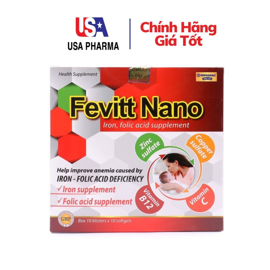 Fevitt Nano HDPHARMA bổ máu, bổ sung Sắt hữu cơ, Acid Folic - Hộp 100 viên