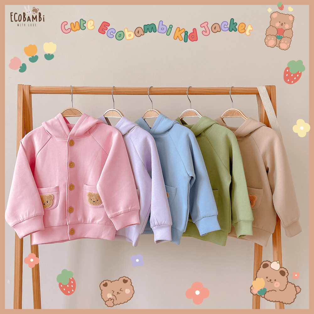 Áo khoác Unisex có nón tai gấu, nút cài, túi đính sticker teddy dễ thương cho bé yêu BB-23AK011 - Ecobambi