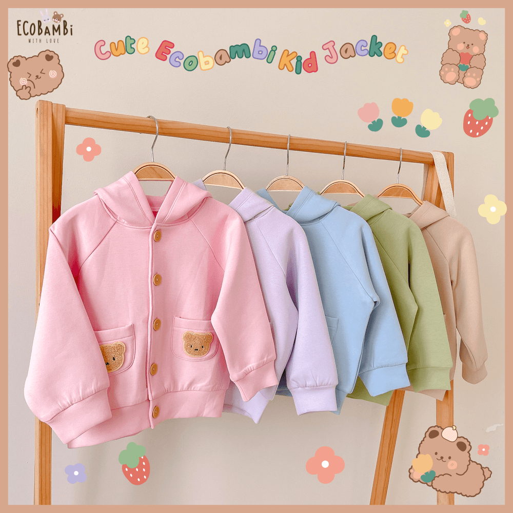 Áo khoác Unisex có nón tai gấu, nút cài, túi đính sticker teddy dễ thương cho bé yêu BB-23AK011 - Ecobambi