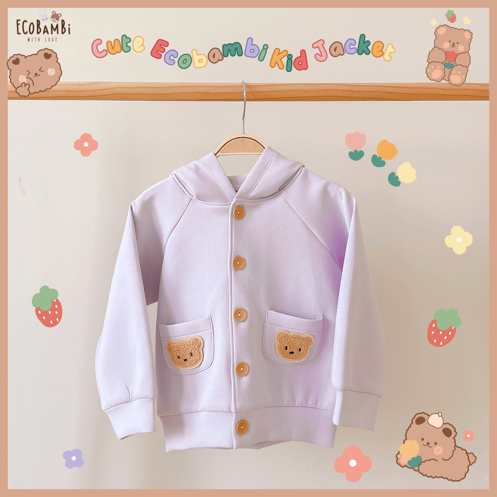 Áo khoác Unisex có nón tai gấu, nút cài, túi đính sticker teddy dễ thương cho bé yêu BB-23AK011 - Ecobambi