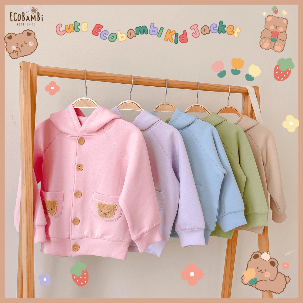 Áo khoác Unisex có nón tai gấu, nút cài, túi đính sticker teddy dễ thương cho bé yêu BB-23AK011 - Ecobambi